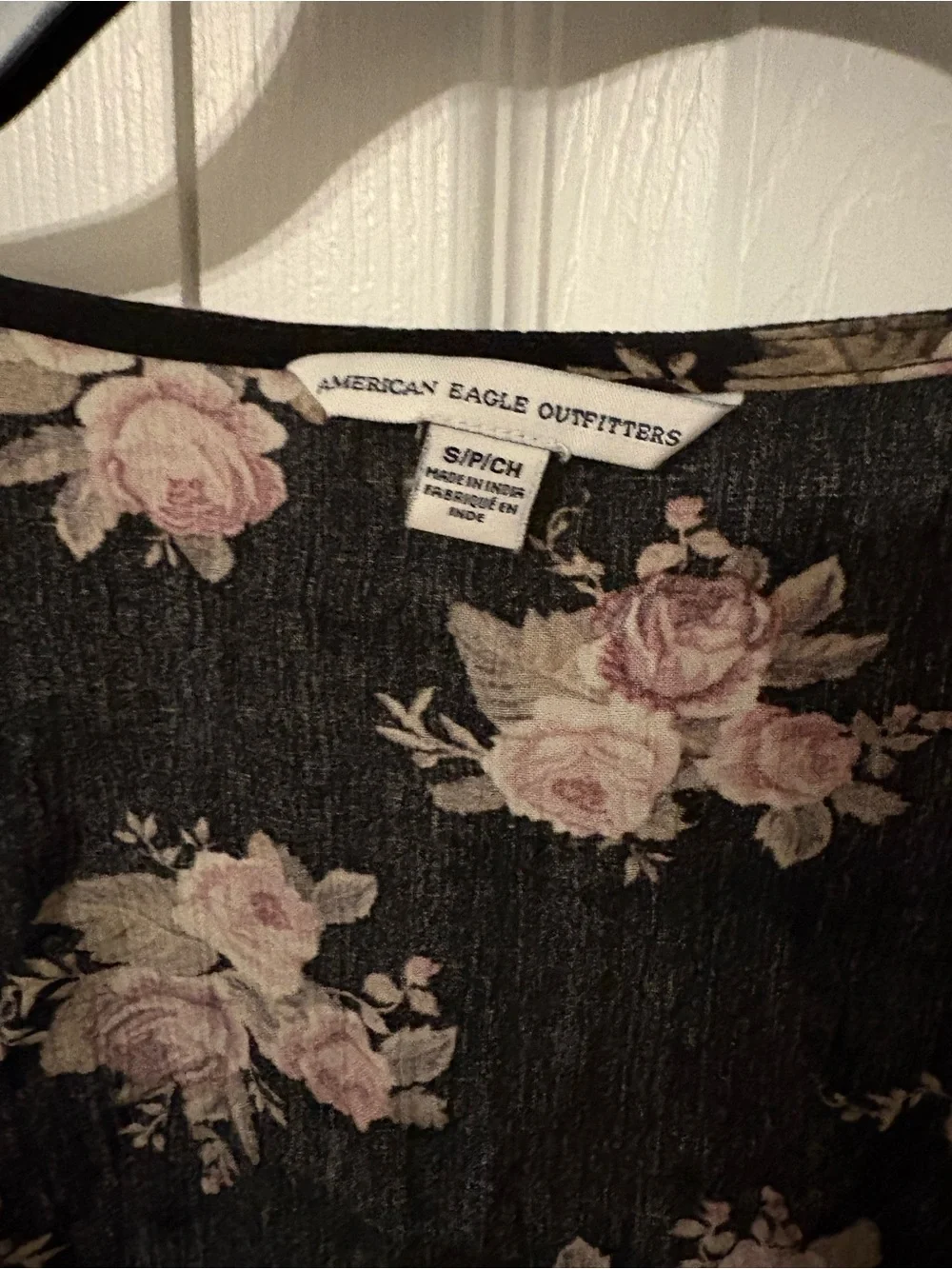 American Eagle Outfitters Black Top with Pink Rose Print